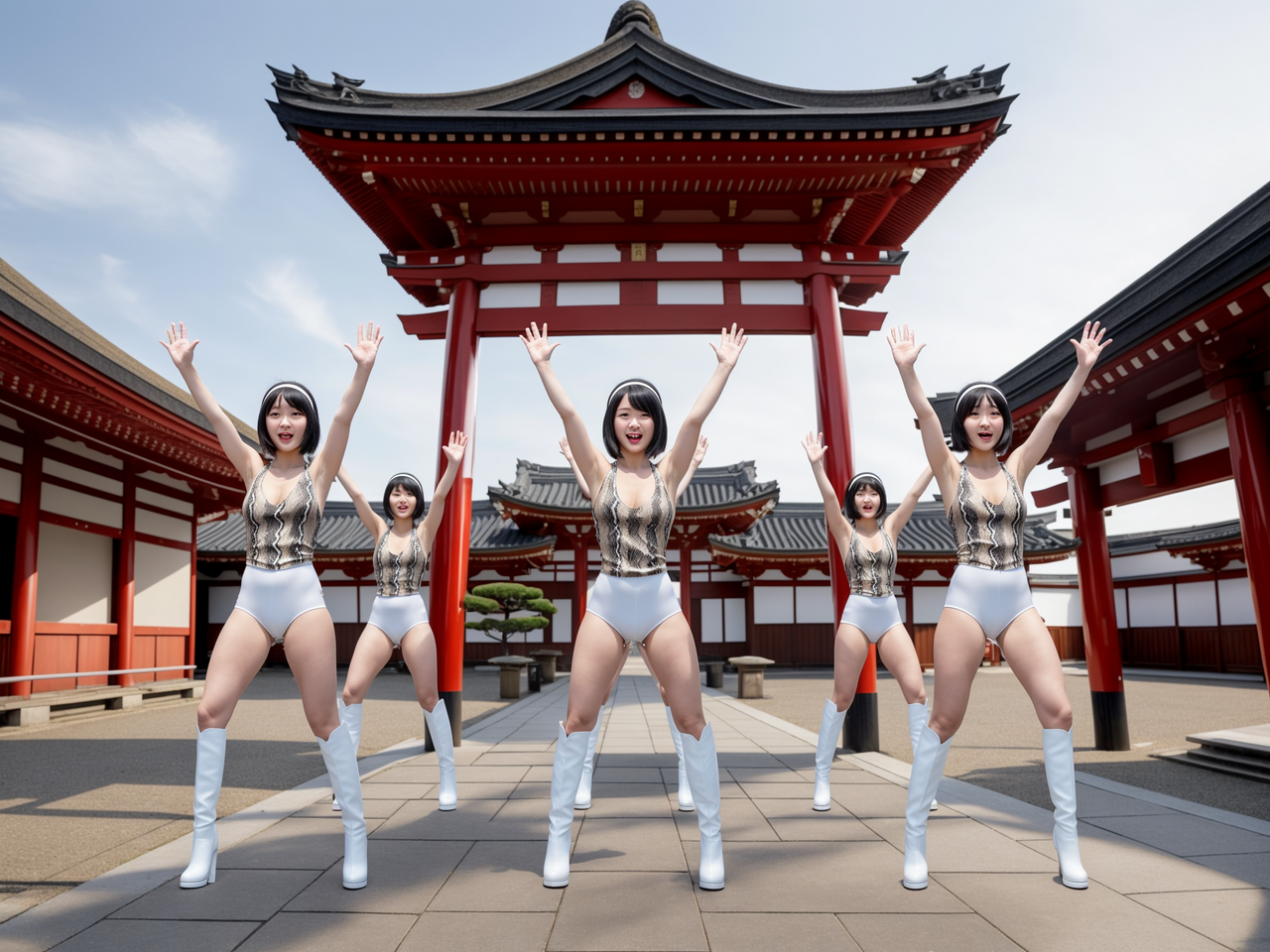 best quality,8k, realistic, masterpiece, RAW photo, front view, tall Japanese voluptuous short-haired intelligent beautiful girls are dancing in front of the shrine, exciting.