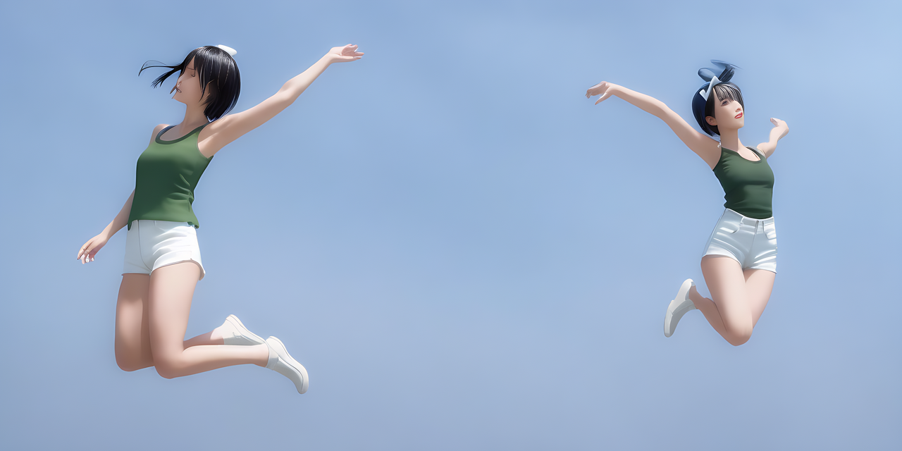 low angle view, a tall Japanese voluptuous short-haired intelligent beautiful girl jumping into the blue sky, wearing dark green headband, white tight hot pants, dark green tank tops, white long boots.