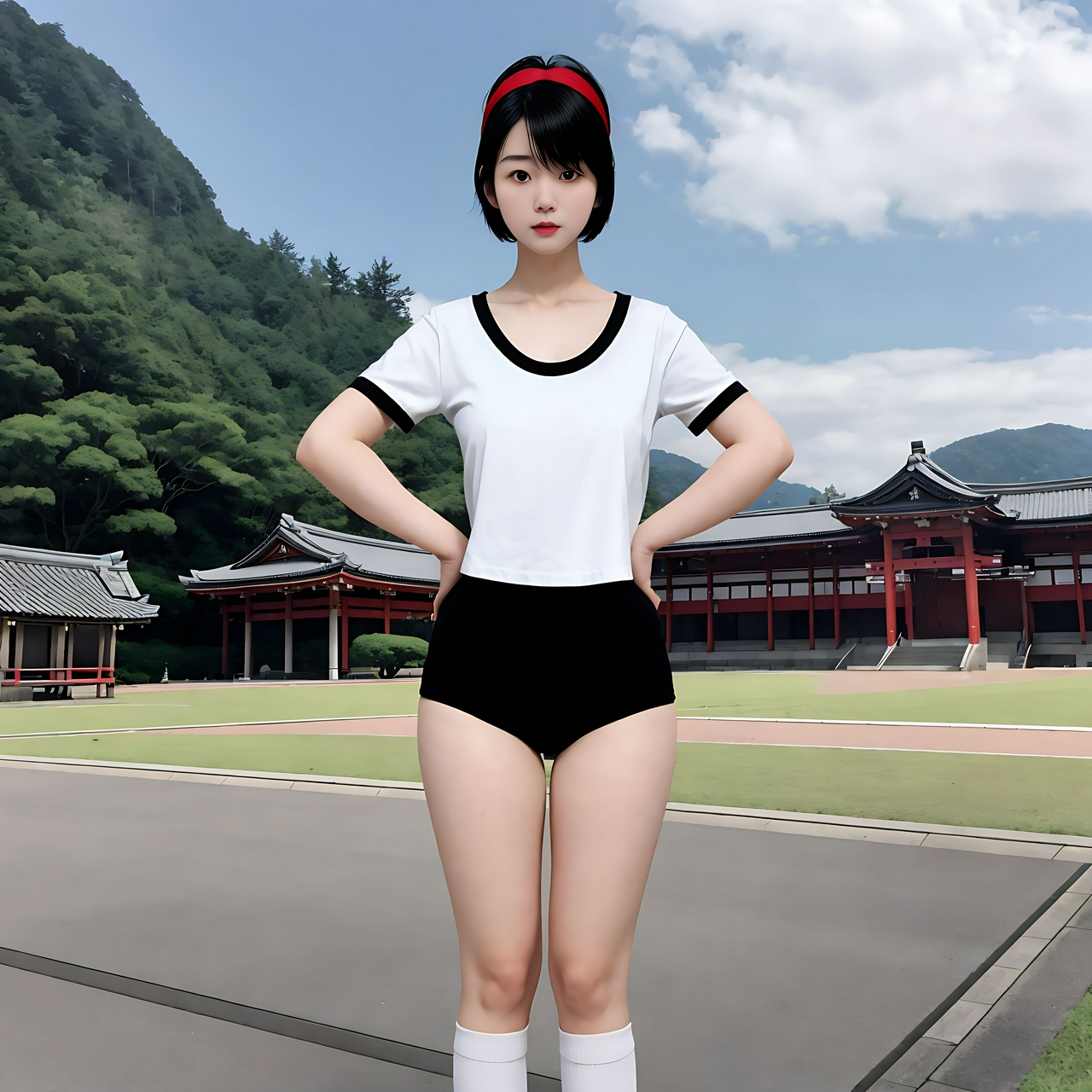 best quality,8k, realistic, masterpiece, RAW photo, a tall Japanese voluptuous short-haired intelligent beautiful girl standing on the school ground, wearing red headbands, bloomers, white gym clothes, white socks, white shoes.