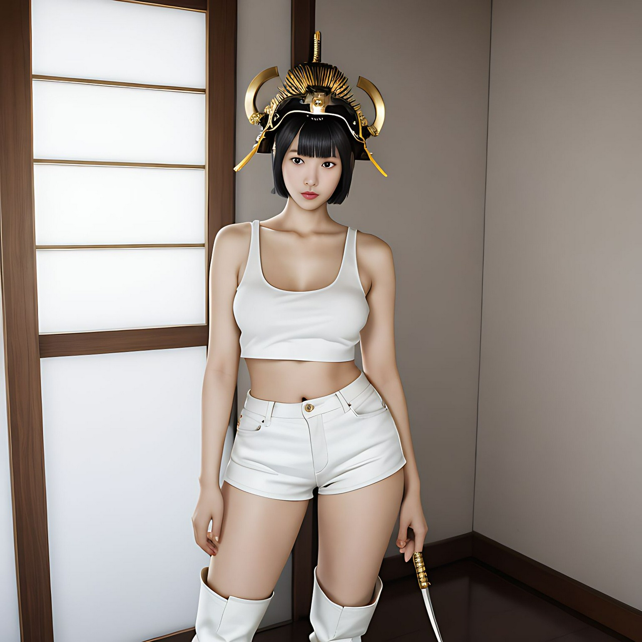 best quality,8k, realistic, masterpiece, RAW photo, a tall Japanese voluptuous short-haired intelligent beautiful girl standing erect, wearing a samurai's helmet, white tight silky hotpants, gold tanktops, white long boots