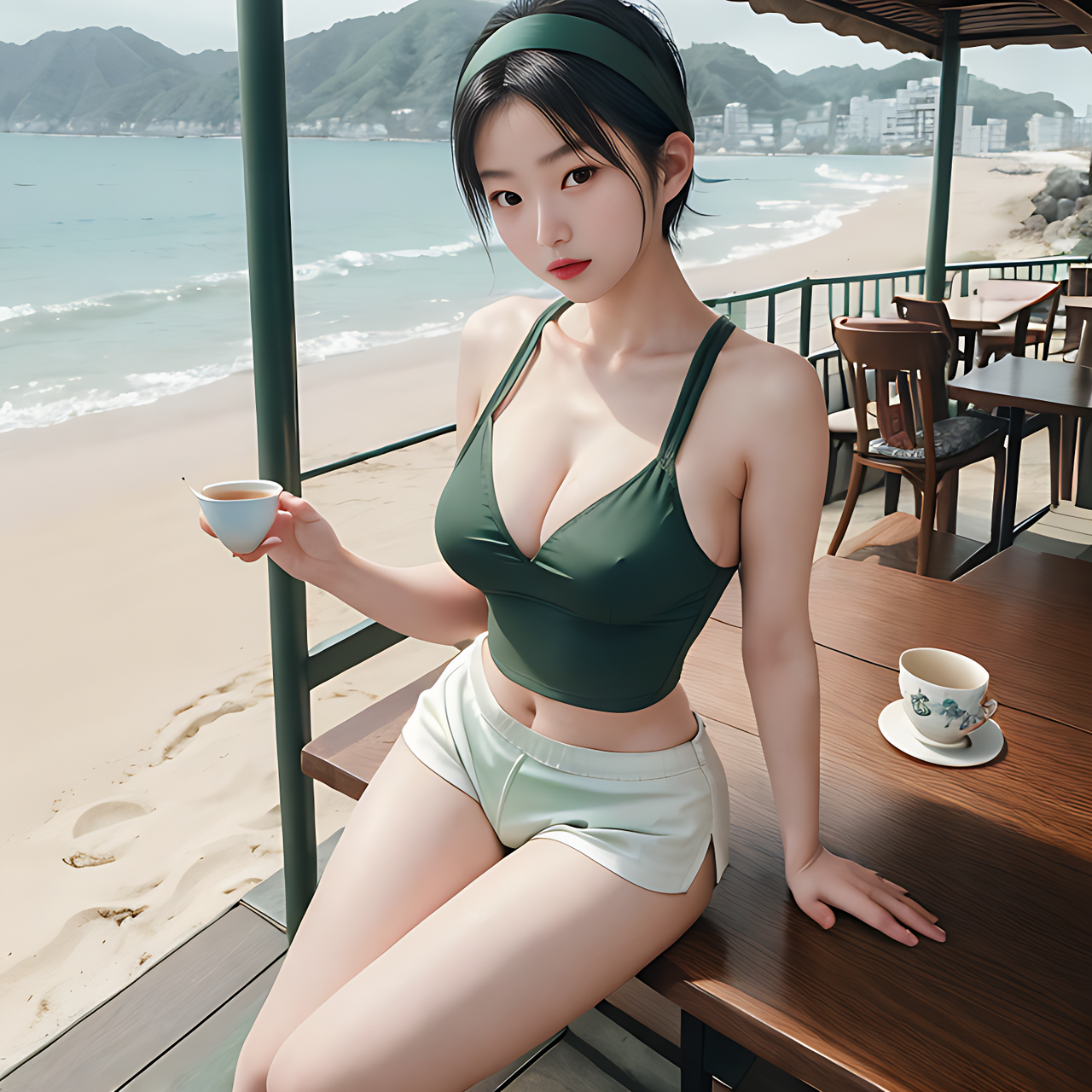 best quality,8k, realistic, masterpiece, RAW photo, high angle shot, a full body portrait of a tall Japanese voluptuous short-haired intelligent beautiful girl having tea at a cafe in front of the beach in summer in a rainy day, wearing dark green headband, white tight silky hotpants, dark green tanktops, white long boots.