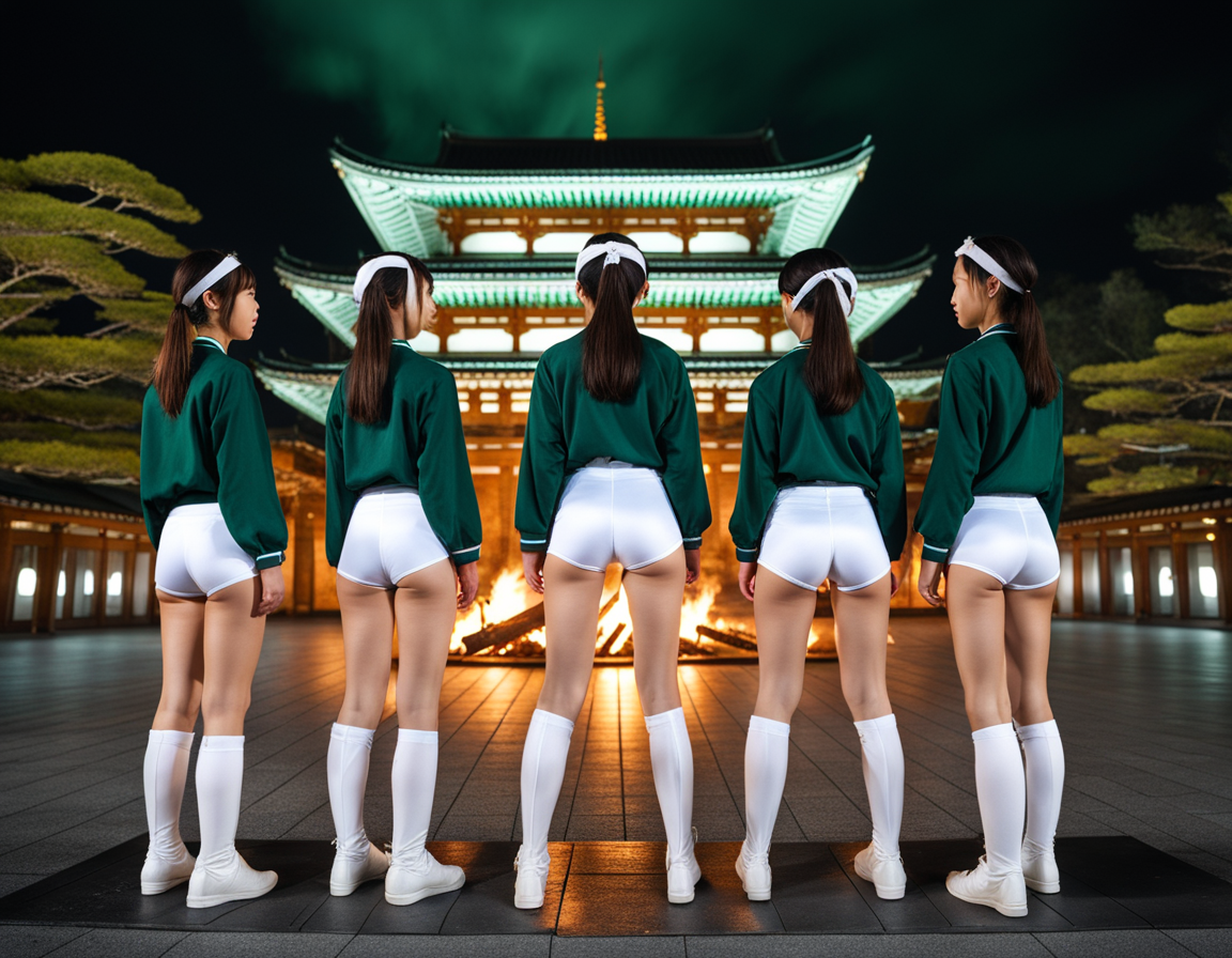 best quality, realistic, RAW photo, high angle shot, Some tall ((Japanese)) large breasts wide-hipped short bobbed haired intelligent beautiful 18yo girls are dancing to pray for rain around bonfire at center of plaza in front of the temple in the evening, cool beauty, exciting.
