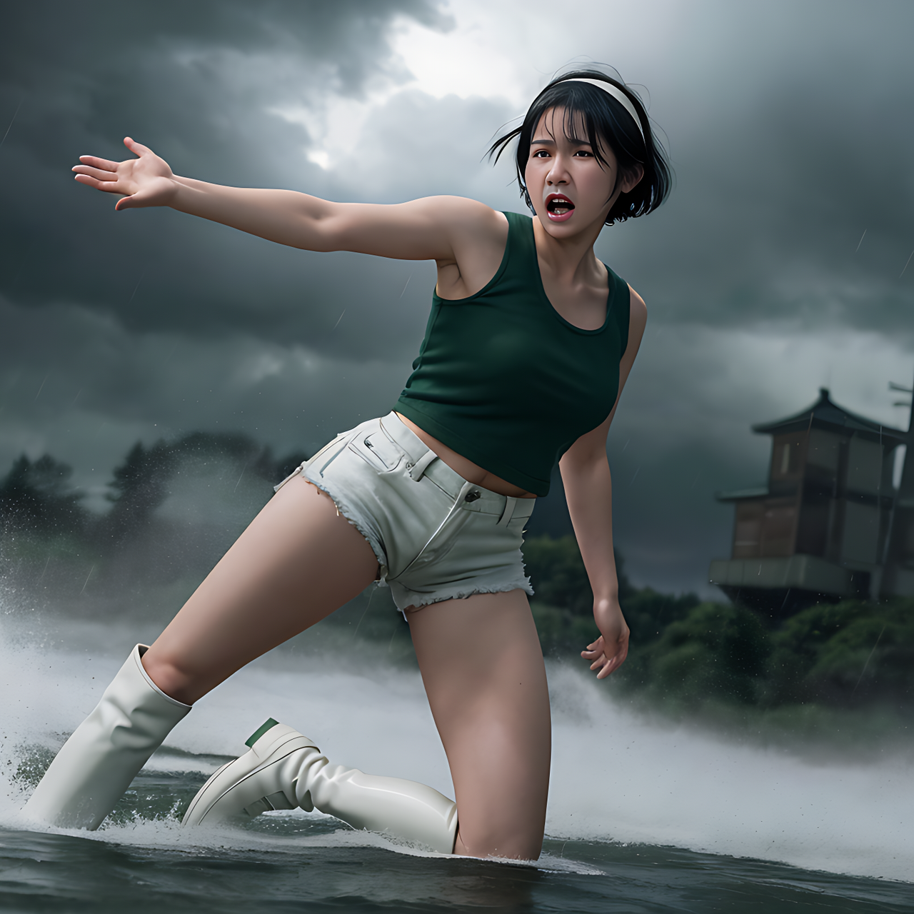 best quality,8k, realistic, masterpiece, RAW photo, front view, full body, a tall Japanese voluptuous short-haired intelligent beautiful girl getting angry and crying in the storm, wearing dark green headband, white tight hot pants, dark green tank tops, white long boots.
