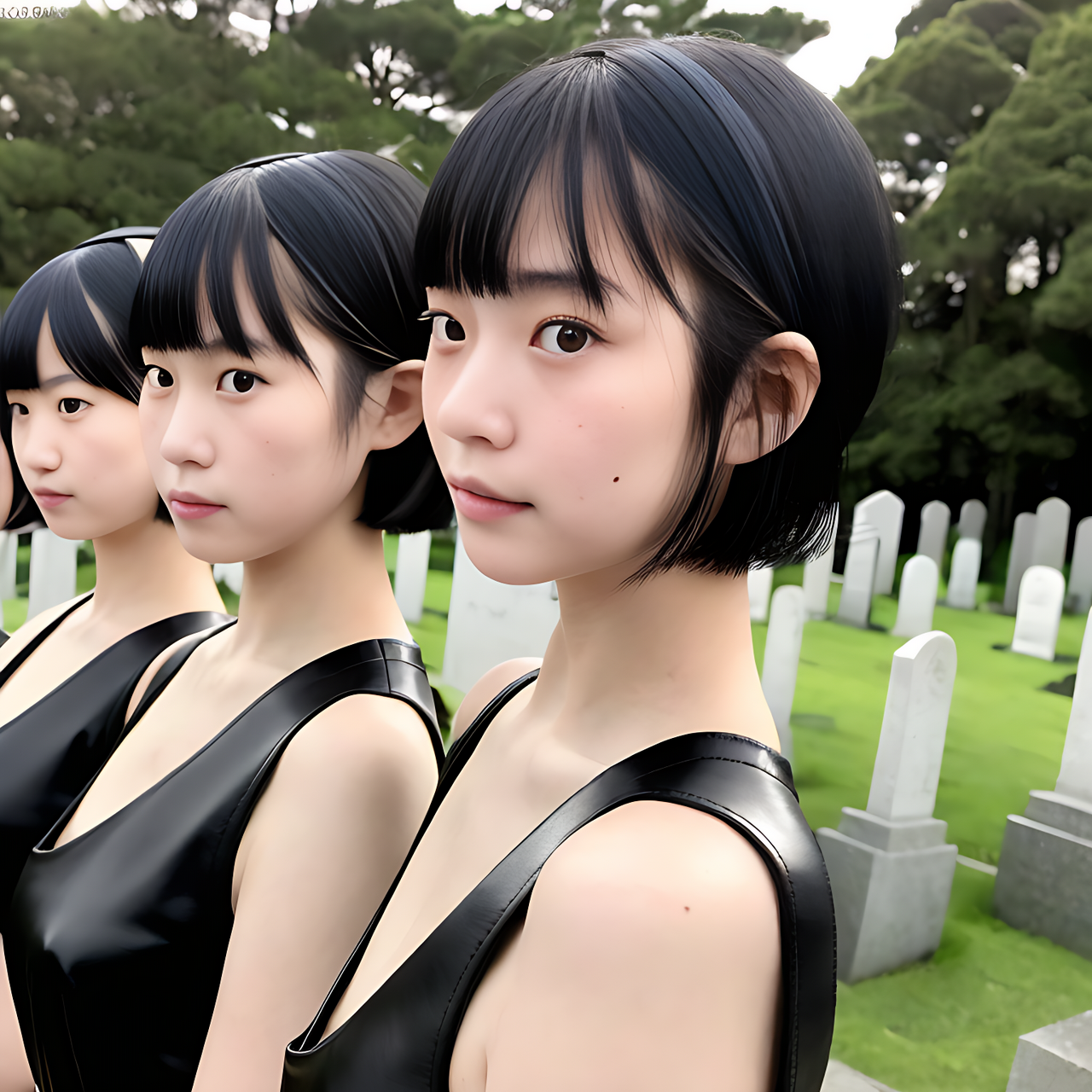 best quality,8k, realistic, masterpiece, RAW photo, front view, Many tall Japanese voluptuous short-haired intelligent beautiful girls are attending a grave ceremony and standing in a row at the hall.