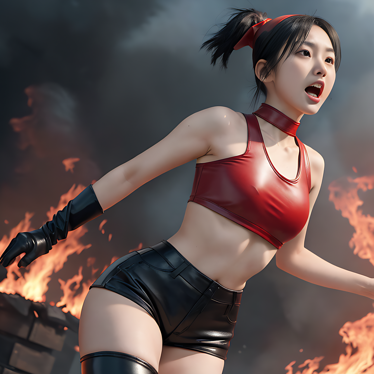 best quality,8k, realistic, masterpiece, RAW photo, low angle shot, a tall Japanese voluptuous short-haired intelligent beautiful girl running away from a large fire and screaming, wearing red headband, black tight leather hotpants, red tanktops with a large open chest area, black long boots,
