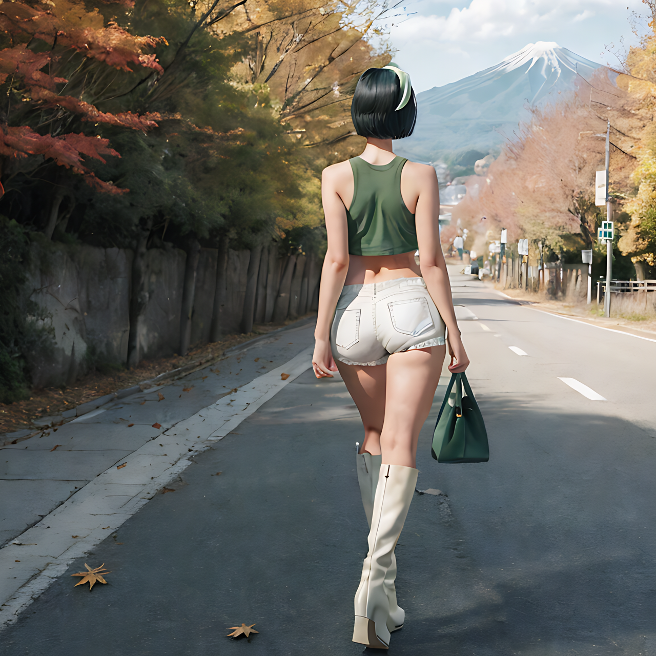 best quality,8k, RAW photo, realistic, masterpiece, back view, a tall Japanese voluptuous short-haired intelligent beautiful girl walkning on the road in autumn, wearing dark green headband, white tight silky hotpants, dark green tanktops, white long boots.