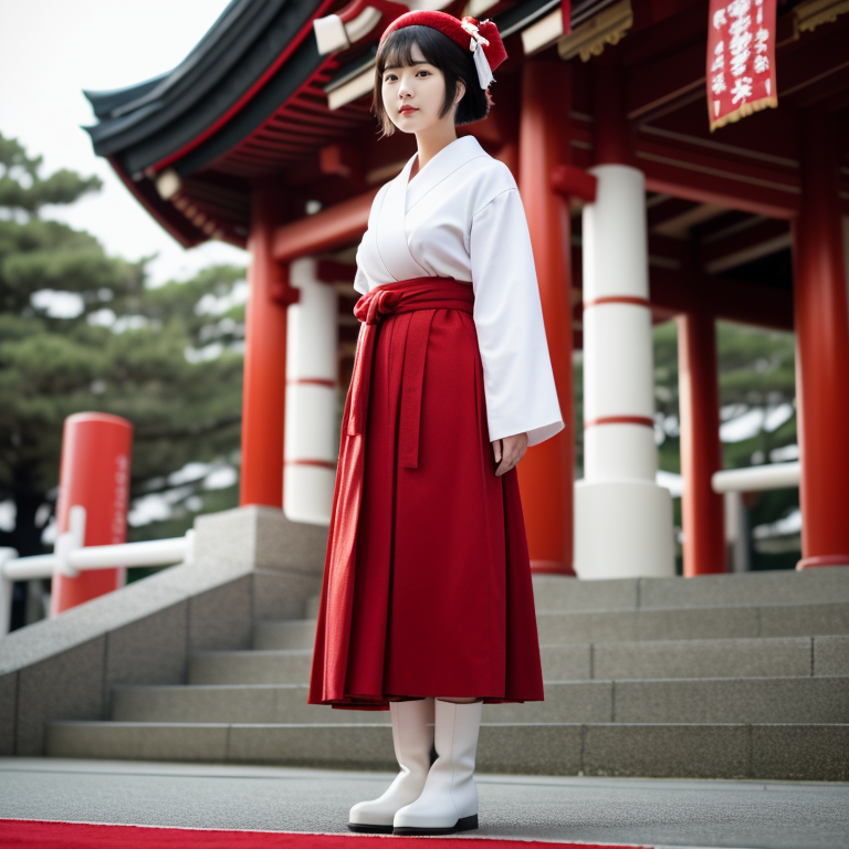 best quality,8k, realistic, masterpiece, RAW photo, low angle shot, a tall Japanese voluptuous short-haired intelligent beautiful girl standing at the plaza in front of shrine, wearing red headband, red long skirt, white shrine maiden cloth, white long boots.