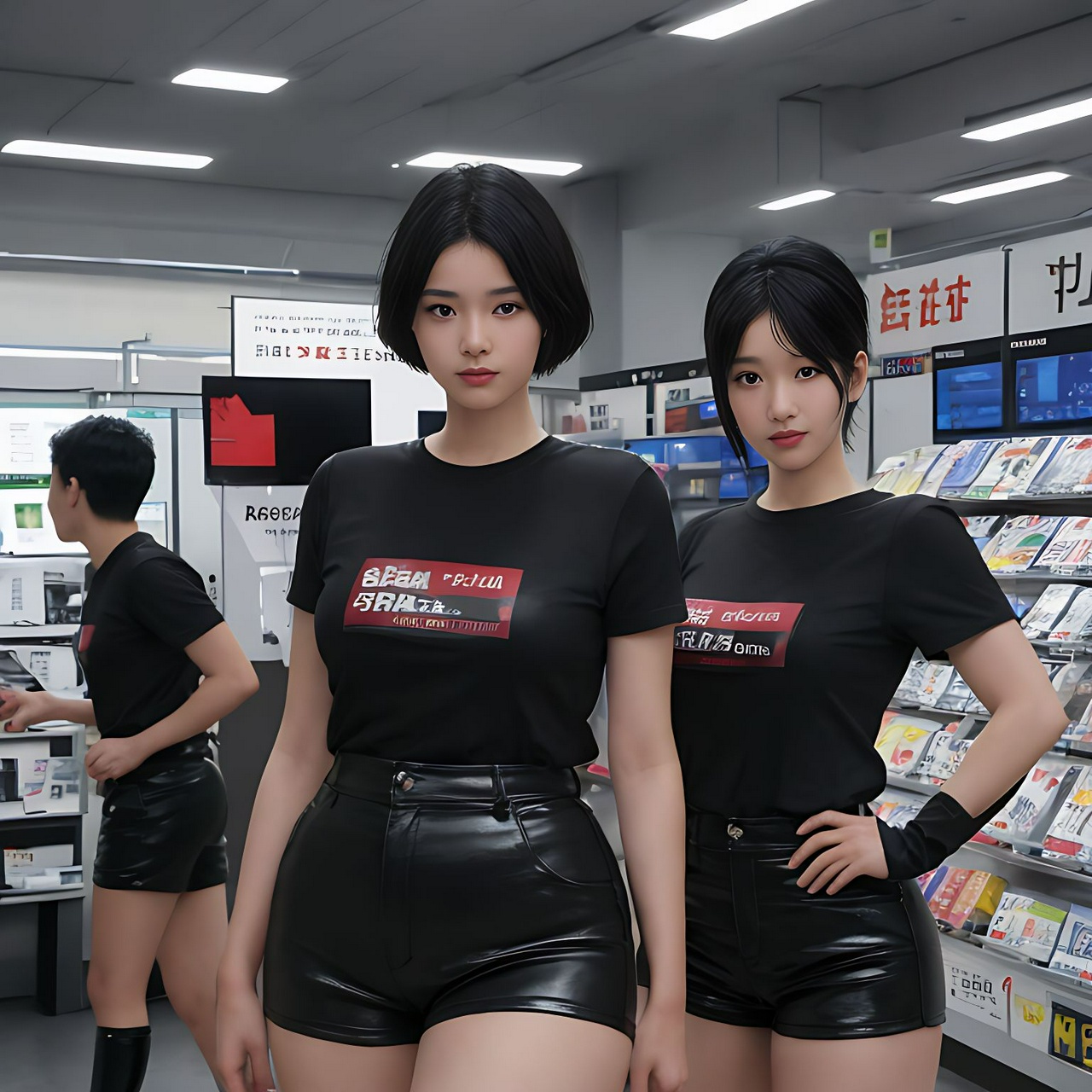 best quality,8k, realistic, masterpiece, RAW photo, Some tall Japanese voluptuous short-haired intelligent beautiful models featured in an advertising campaign at the electronics retail store.
