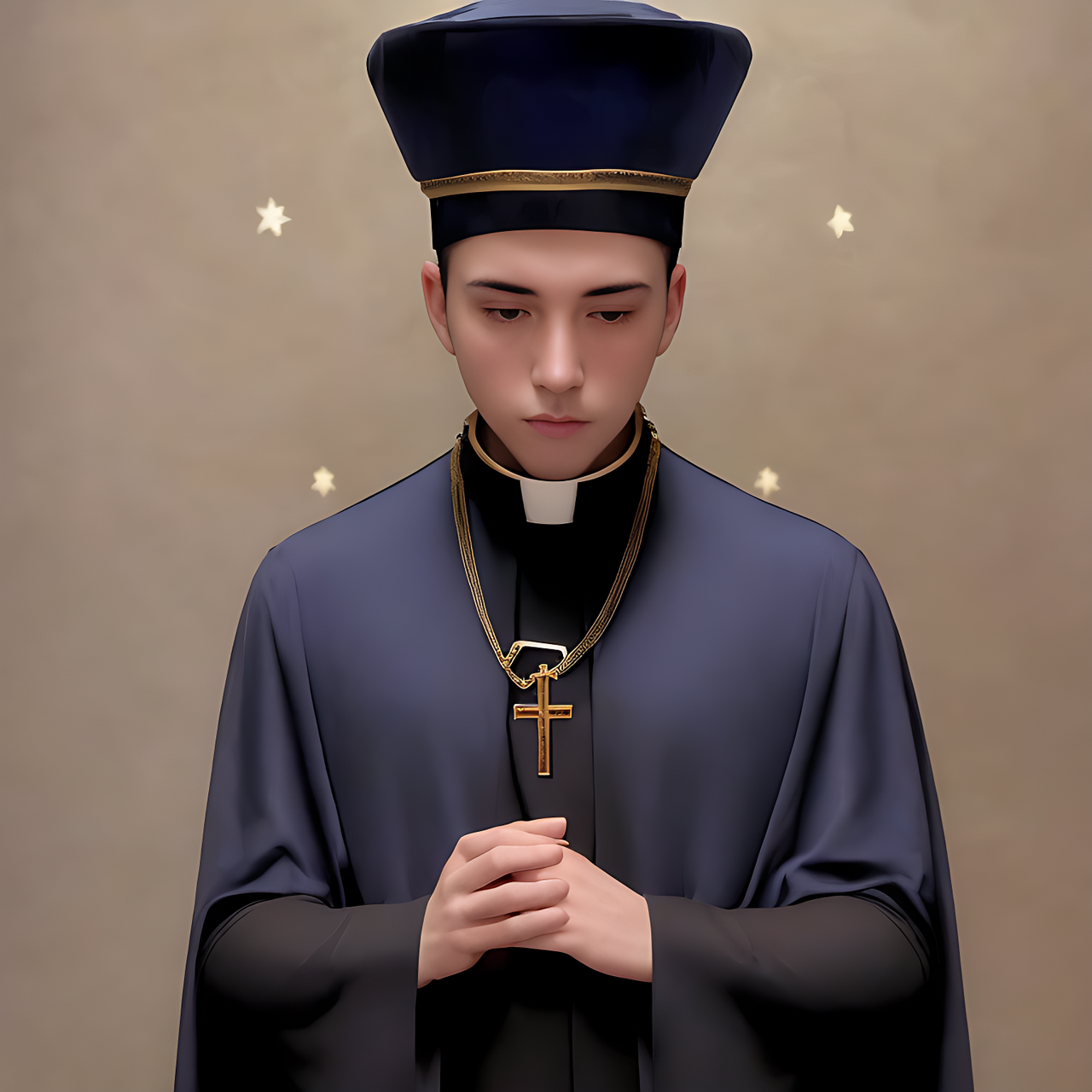 a 32yo male priest, wearing dark blue robe, dark blue hat, morningstar, gold rosary