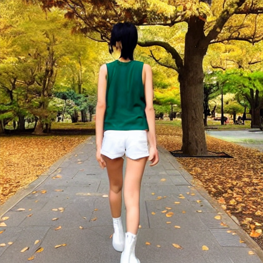 front view, a tall Japanese girl walking at the park in autumn, wearing white silky hot pants, dark green tank tops, white boots, dark green headband.