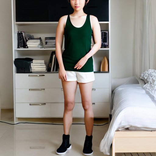 a full body portrait of a tall Japanese wide-hipped short-haired intelligent beautiful girl so sleepy because she cannot get to sleep at night in her room, wearing dark green headband, white hot pants, dark green tank tops, white long boots, white long boots.