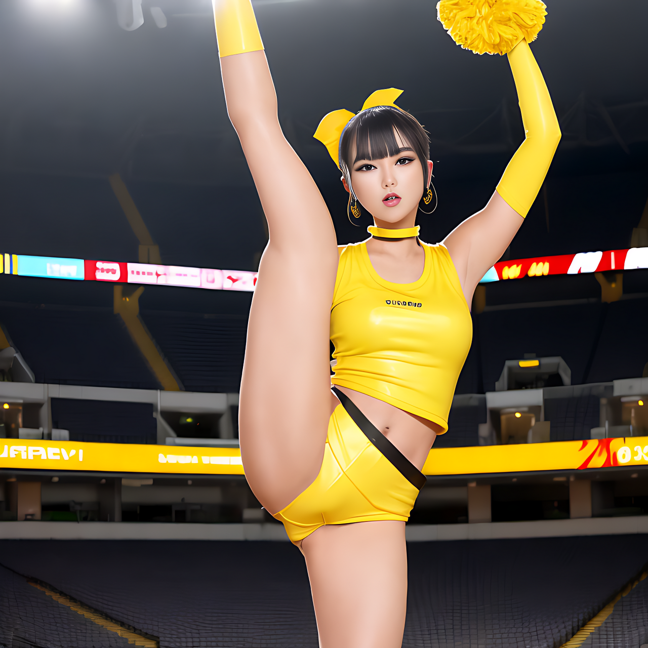 best quality,8k, a tall Japanese voluptuous short-haired intelligent beautiful cheerleader dancing at stadium, wearing yellow headband, black leather hot pants, yellow tank tops, white long boots.