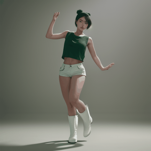 best quality,8k, realistic, masterpiece, RAW photo, a tall Japanese voluptuous short-haired intelligent beautiful girl dancing, wearing dark green headband, white hotpants, dark green tanktops, white long boots., no background