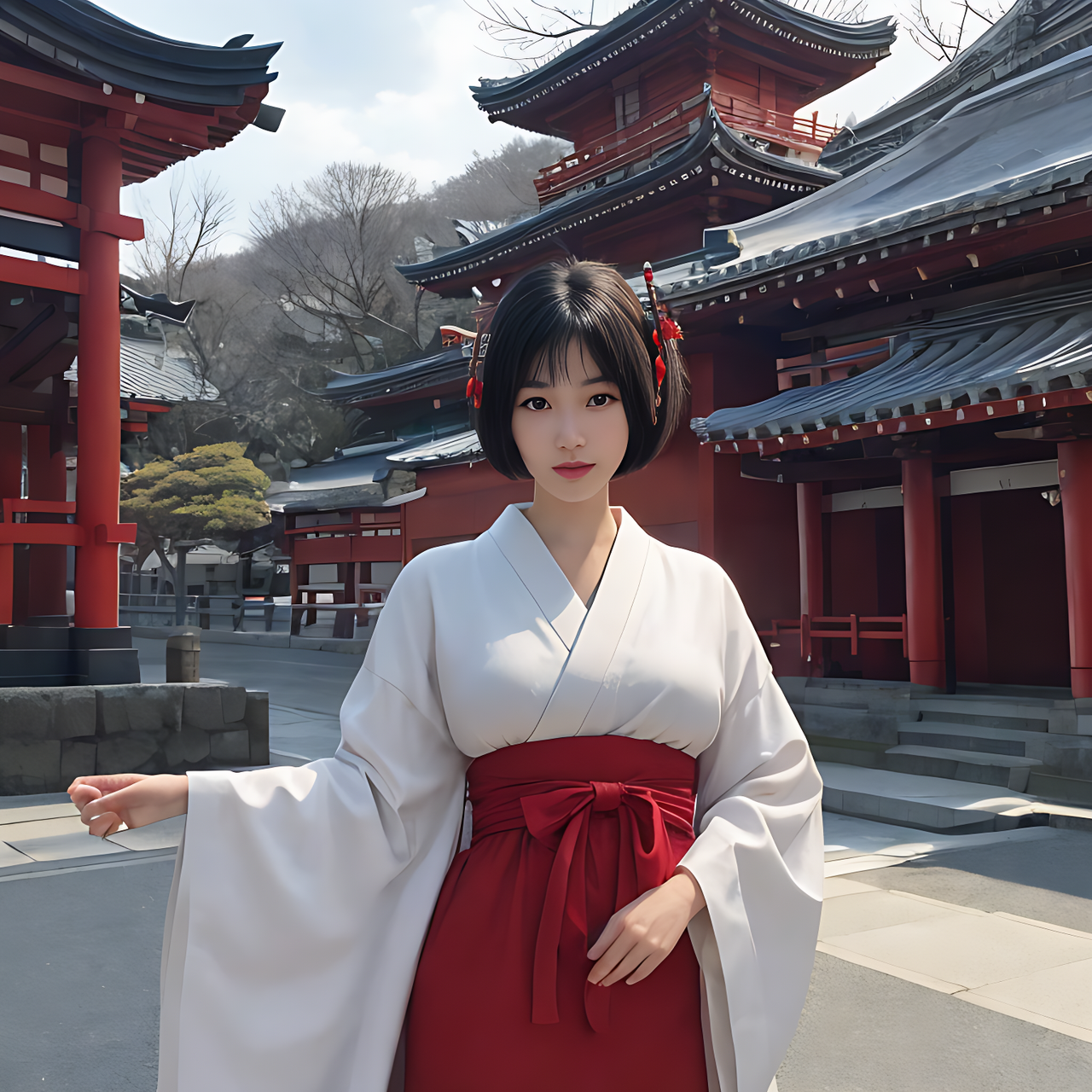 best quality,8k, realistic, masterpiece, RAW photo, front view, a tall Japanese voluptuous short-haired intelligent beautiful girl standing at the plaza in front of shrine, wearing shrine maiden costume.