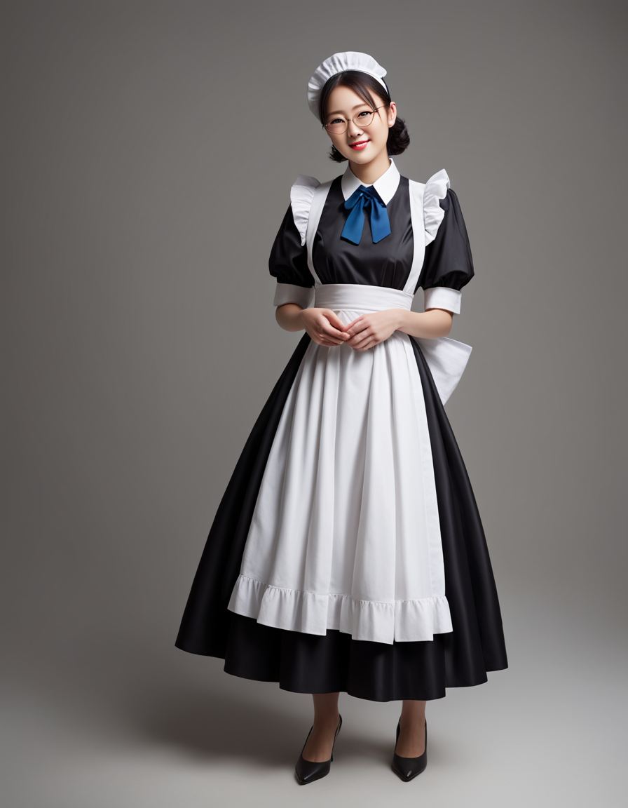 best quality, realistic, RAW photo, front view, score_9, score_8_up, score_7_up, score_6_up, score_5_up, score_4_up, full body, a tall ((Japanese)) large breasts wide-hipped short bobbed haired intelligent beautiful girl standing erect with fascinating smile in her master's room, cool beauty, wearing glasses, classic maid uniforms, maid cap.