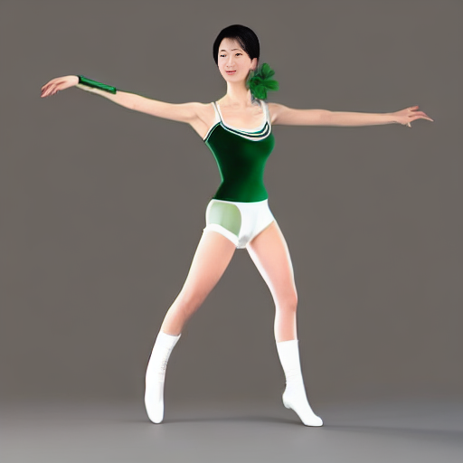 (錬成後比較的マシだったものその2)a full body portrait of a tall Japanese voluptuous short-haired intelligent beautiful girl opening legs in front and behind like running and bending waist at the dance hall, wearing dark green headband, white gymnastic knickers, dark green tank tops, white long boots, white long boots., CGI