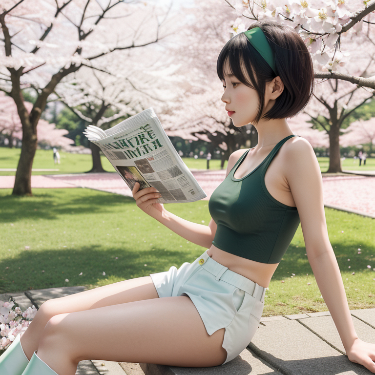 best quality,8k, realistic, masterpiece, RAW photo, side view, a tall Japanese voluptuous short-haired intelligent beautiful girl reading newspaper under cherry blossom at the park in spring, wearing dark green headband, white tight hotpants, dark green tanktops, white long boots.