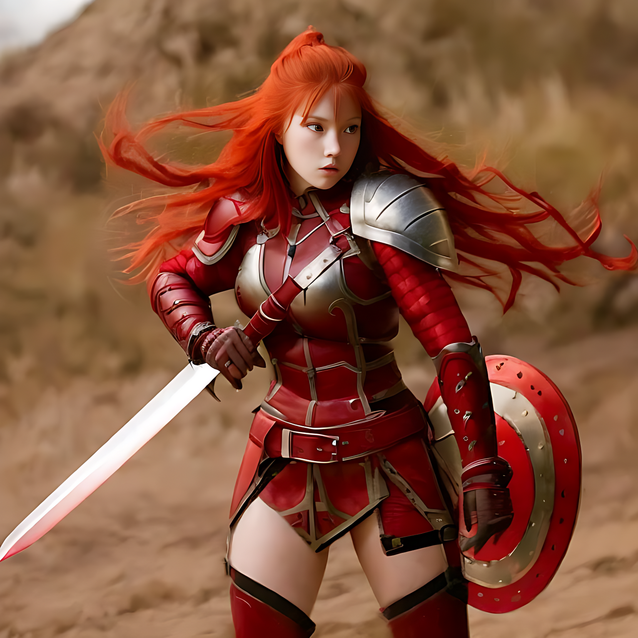 a 20yo female warrior with red hair, wearing red armor, holding a long sword and round shield.