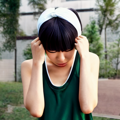 a tall Japanese girl having a bad headache, wearing white tight silky hot pants, dark green tank tops, white boots, dark green headband.