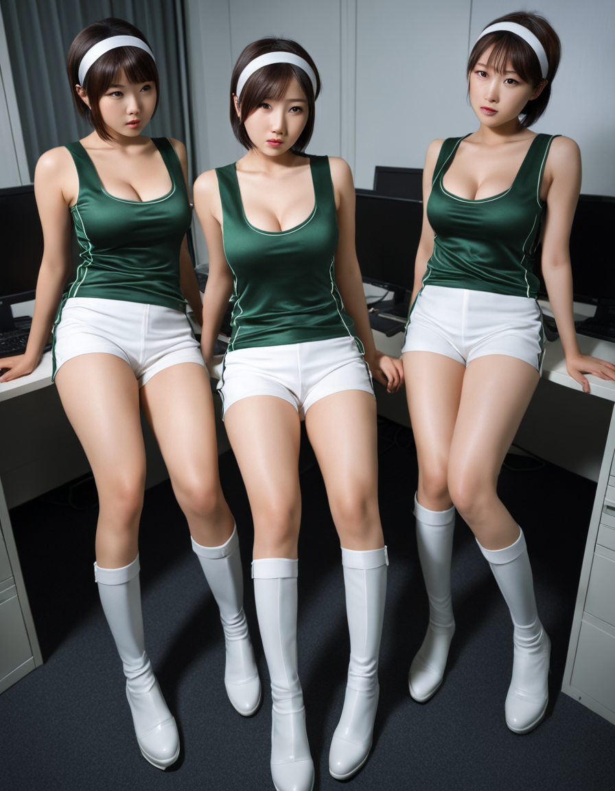best quality,8k, realistic, masterpiece, RAW photo, Some spiritless tall Japanese large breasts wide-hipped short bobbed haired intelligent beautiful girls are too tired because of hard working at the dark midnight office.