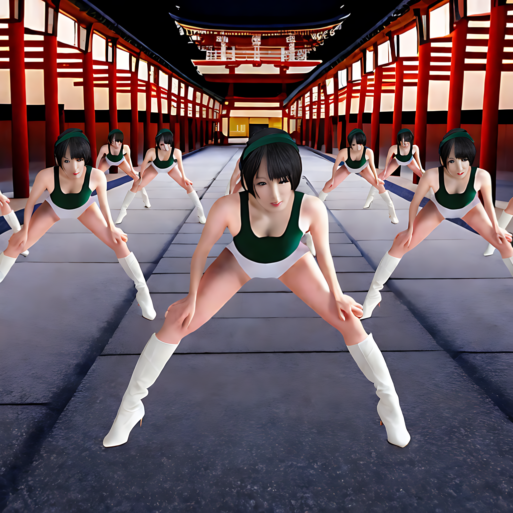 looking down the floor, front view, tall Japanese voluptuous short-haired intelligent beautiful girls are squatting and arms behind head a huge hall before the alter at the shrine in Japan.