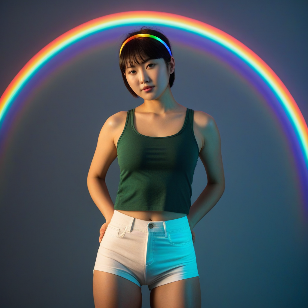 best quality,8k, realistic, masterpiece, RAW photo, a tall Japanese voluptuous short-haired intelligent beautiful girl clenching her fists in triumph in the dark room with rainbow backlights, wearing dark green headband, dark green tanktops with a large open chest area, white tight hotpants, white long boots.