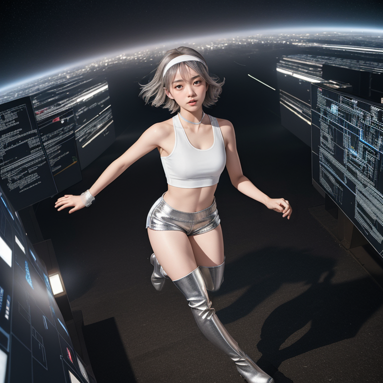 best quality,8k, realistic, masterpiece, RAW photo, high angle shot, full body, a tall Japanese voluptuous short-haired intelligent beautiful girl running very fast in the cyber space at midnight, wearing silver headband, silver tight silky hotpants, silver tanktops, silver long boots.