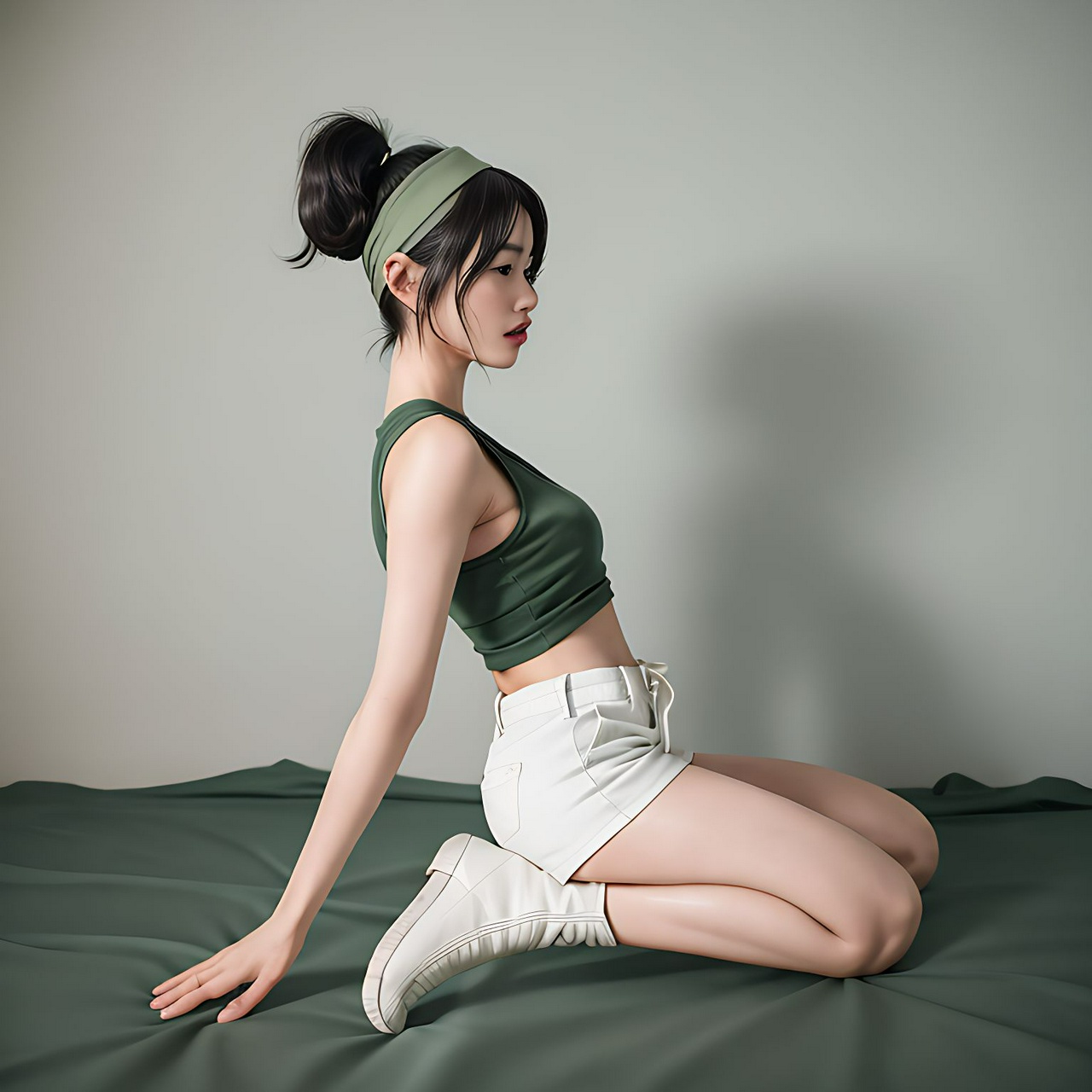 best quality,8k, realistic, masterpiece, RAW photo, side view, full body, a tall Japanese voluptuous short-haired intelligent beautiful girl crawling on all fours in agony and shouting, wearing dark green headband, white tight silky hotpants, dark green tanktops with a large open chest area, white long boots.