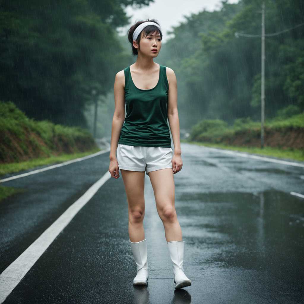realistic, RAW photo, low angle shot,  a tall Japanese voluptuous short-haired intelligent beautiful girl, cool beauty, walking on the road adn looking sad in the rainy day, wearing ((dark green headband)), ((dark green tanktops white tanktops with a large open chest area)), ((white tight silky hotpants)), ((white long boots)).