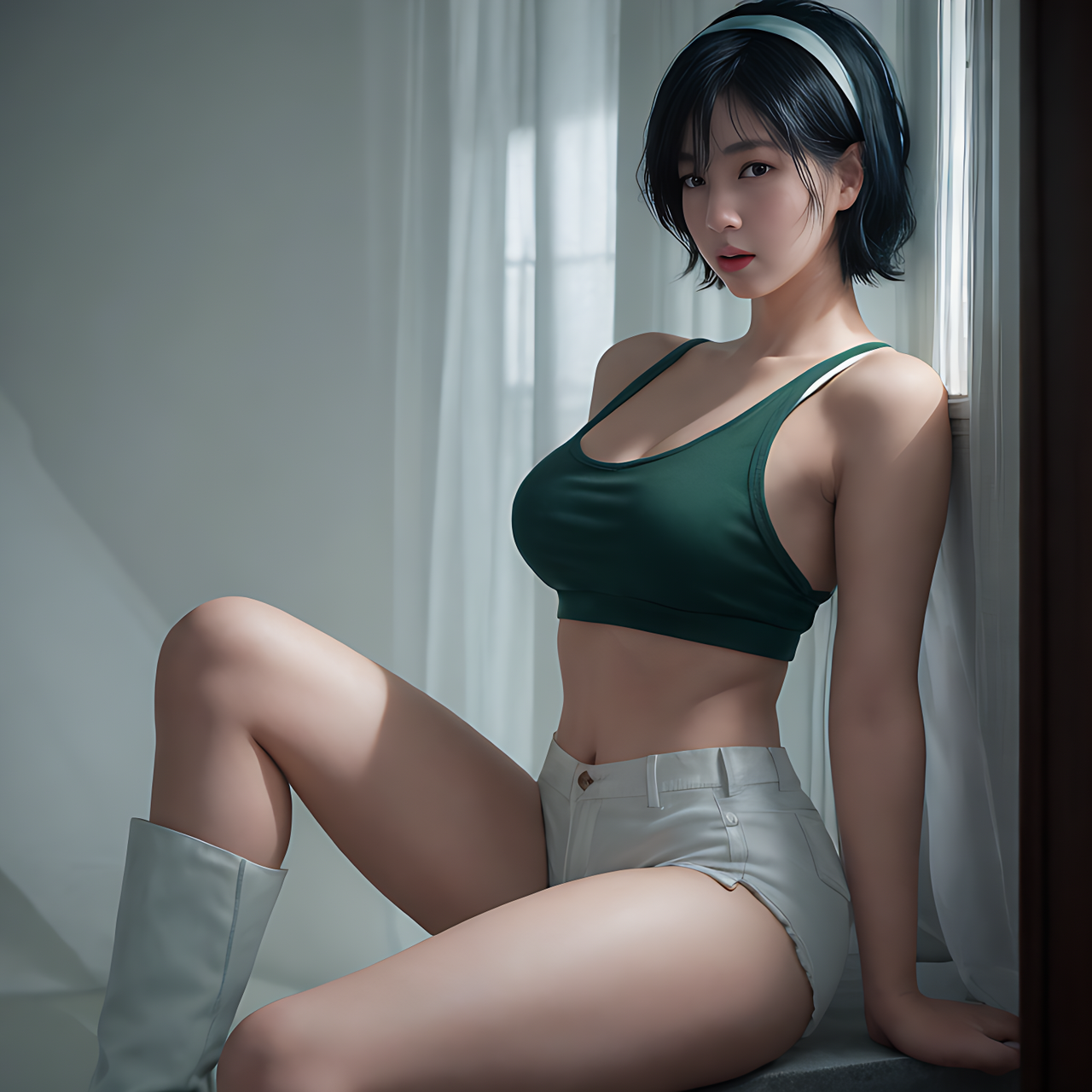 best quality,8k, realistic, masterpiece, RAW photo, a tall Japanese voluptuous short-haired intelligent beautiful girl being shocked and perplexed, holding her head in the dark room at midnight, blue backlight, wearing dark green headband, white tight hotpants, dark green tank tops, white long boots.