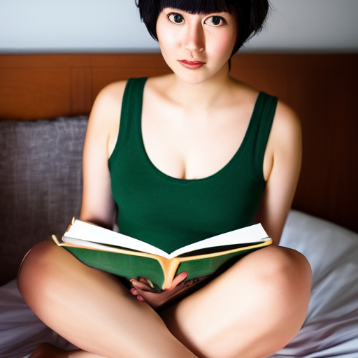a full body portrait of a tall Japanese voluptuous short-haired intelligent beautiful girl sitting and reading a book in her room, wearing dark green headband, white knickers, dark green tank tops, white long boots, white long boots.