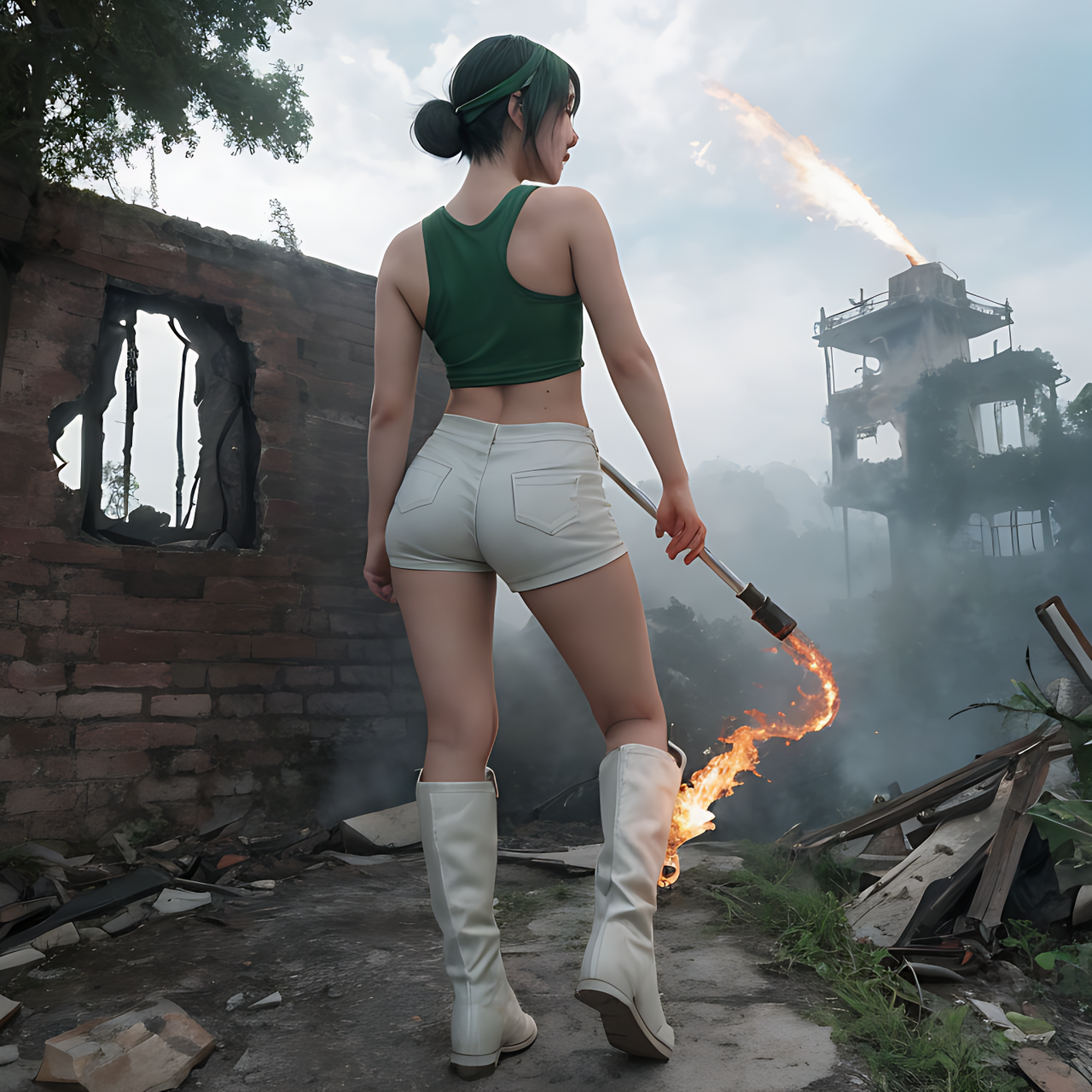 best quality,8k, realistic, masterpiece, RAW photo, full body, back view, a tall Japanese voluptuous short-haired intelligent beautiful girl using flamethrower at the ruin, exciting, wearing dark green headband, white tight hotpants, dark green tanktops, white long boots.