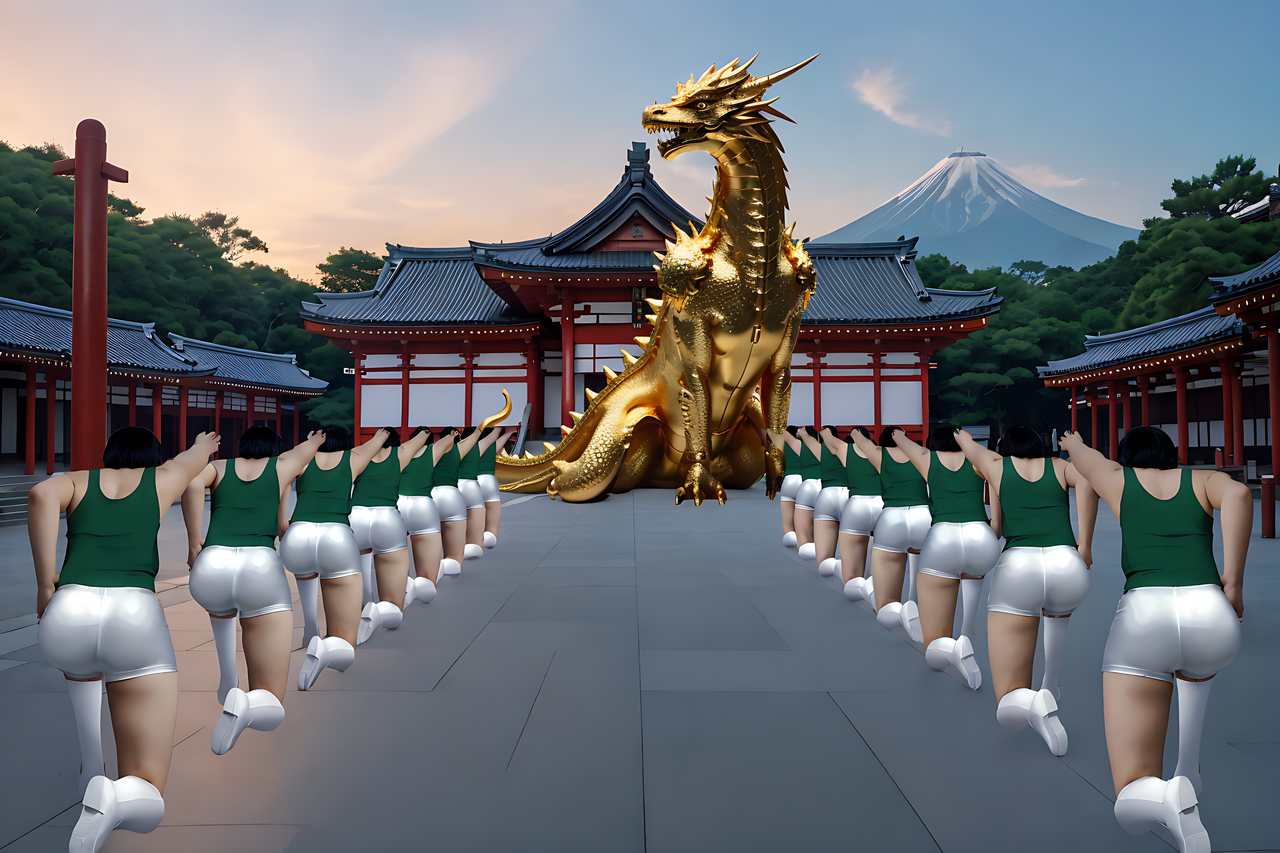 best quality,8k, realistic, masterpiece, RAW photo, back view, tall Japanese voluptuous short-haired intelligent beautiful girls worship a Gold Nova Dragon in front of the shrine.