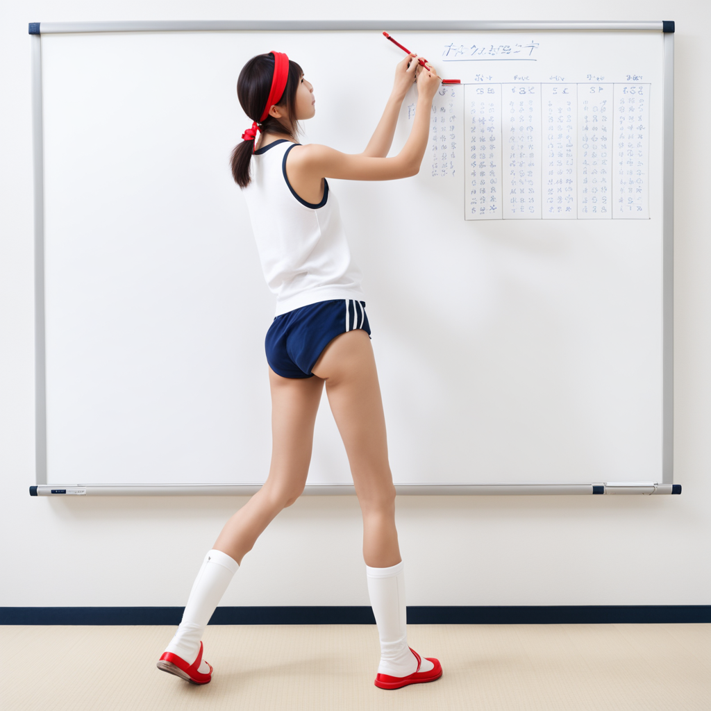 best quality, realistic, RAW photo, side view, full body, a tall ((Japanese)) large breasts wide-hipped short bobbed haired intelligent beautiful girl writing TODO list to the whiteboard, cool beauty, wearing ((red headbands)), ((white tanktops with a large open chest area)), ((dark navy buruma)), ((white long boots)).