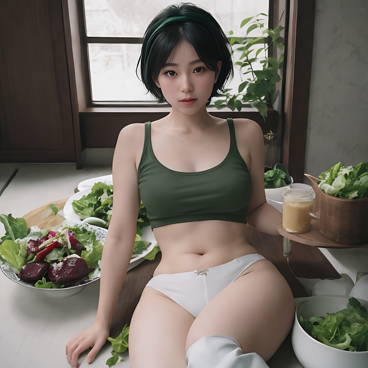 best quality,8k, realistic, masterpiece, RAW photo, front view, a tall Japanese voluptuous short-haired intelligent beautiful girl eating salad, wearing dark green headband, white gymnastic knickers, dark green tank tops, white long boots.