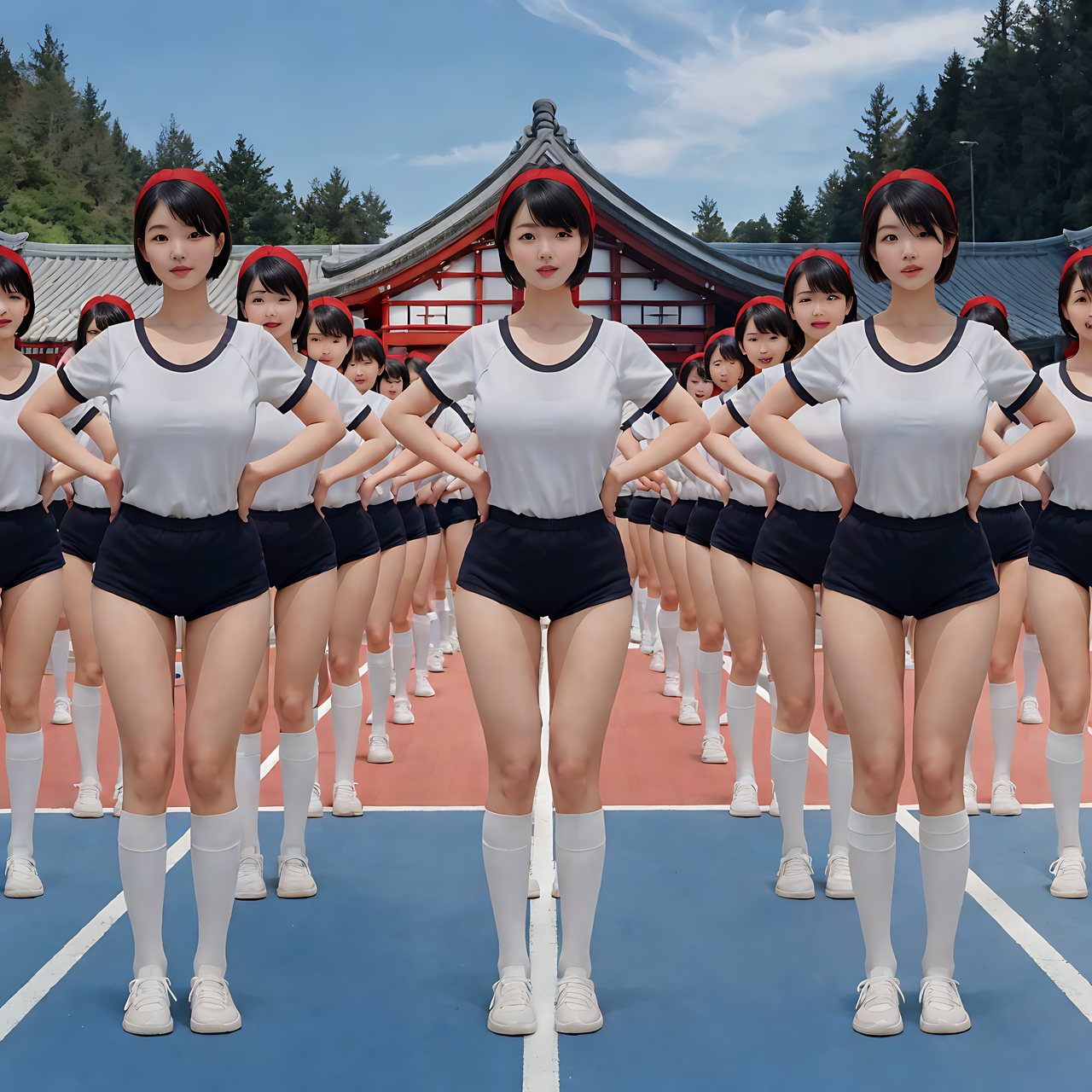 best quality,8k, realistic, masterpiece, RAW photo, front view, Many tall Japanese voluptuous short-haired intelligent beautiful girls are standing in rows on the school ground.