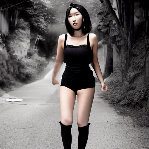 a tall Japanese voluptuous short-haired intelligent beautiful girl writhing in agony, wearing black headband, black tight hot pants, black tank tops, black long boots.