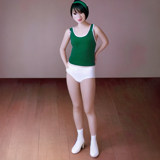 a full body portrait of a tall Japanese large-hipped short-haired intelligent beautiful girl in white room, wearing "dark green headband", "white knickers", "dark green tank tops", "white boots"., CGI