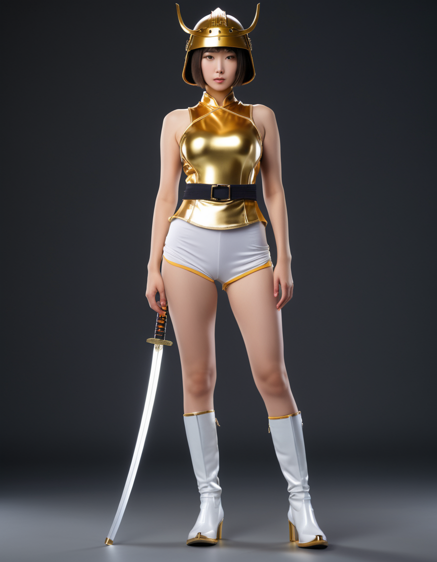best quality,8k, realistic, masterpiece, RAW photo, front view, a tall Japanese voluptuous short-haired intelligent beautiful girl standing erect, wearing a samurai's helmet, gold tanktops, white tight silky hotpants, white long boots