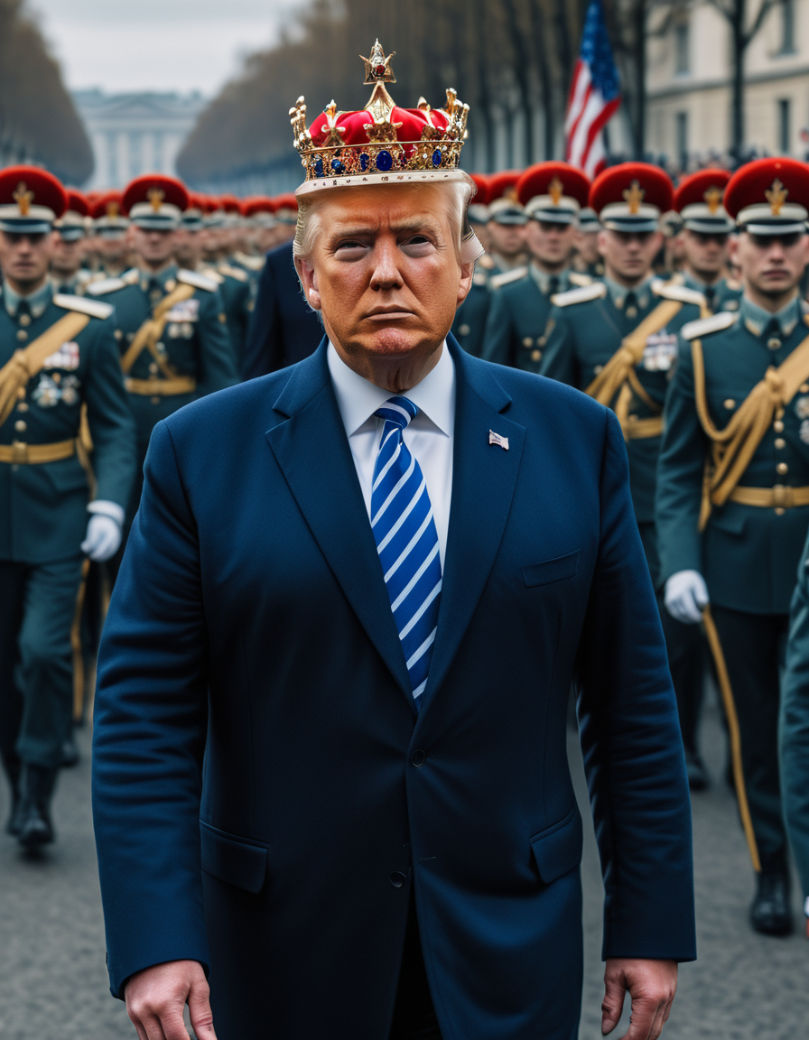 best quality,8k, realistic, masterpiece, RAW photo, Trump Man wearing royal crown, watching a military parade