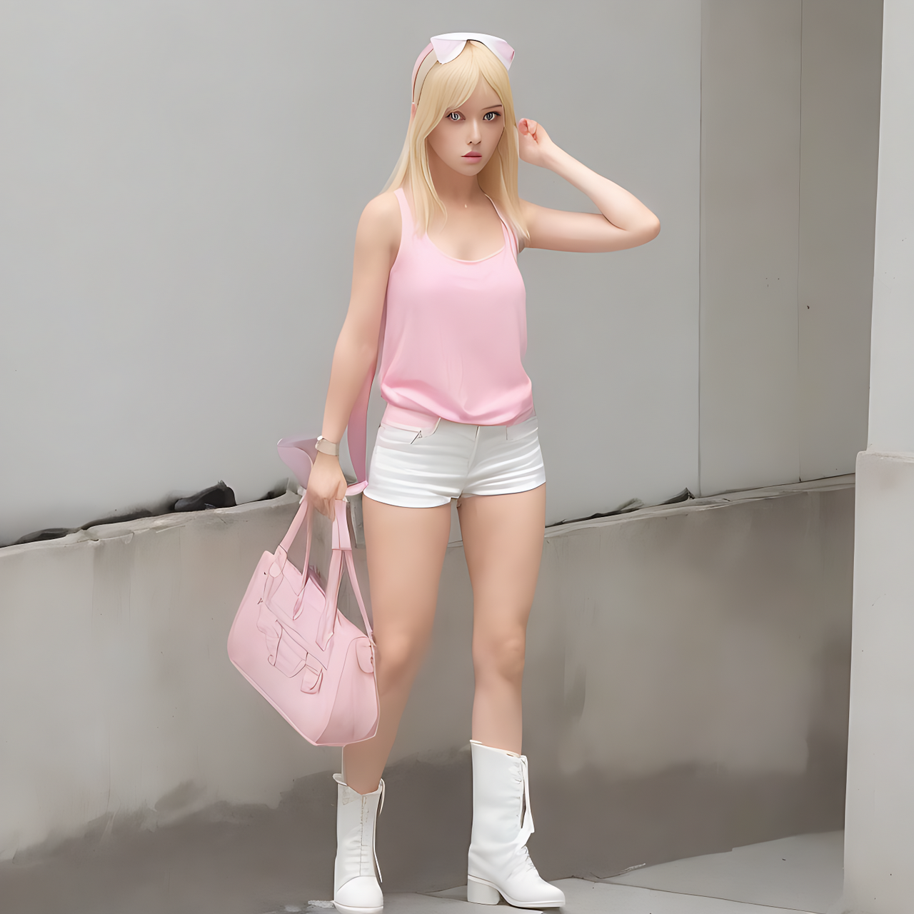 a 27yo female secret agent with blond hair, wearing pink tanktop, pink headband, white hot pants, white boots, short sword, a small bag.